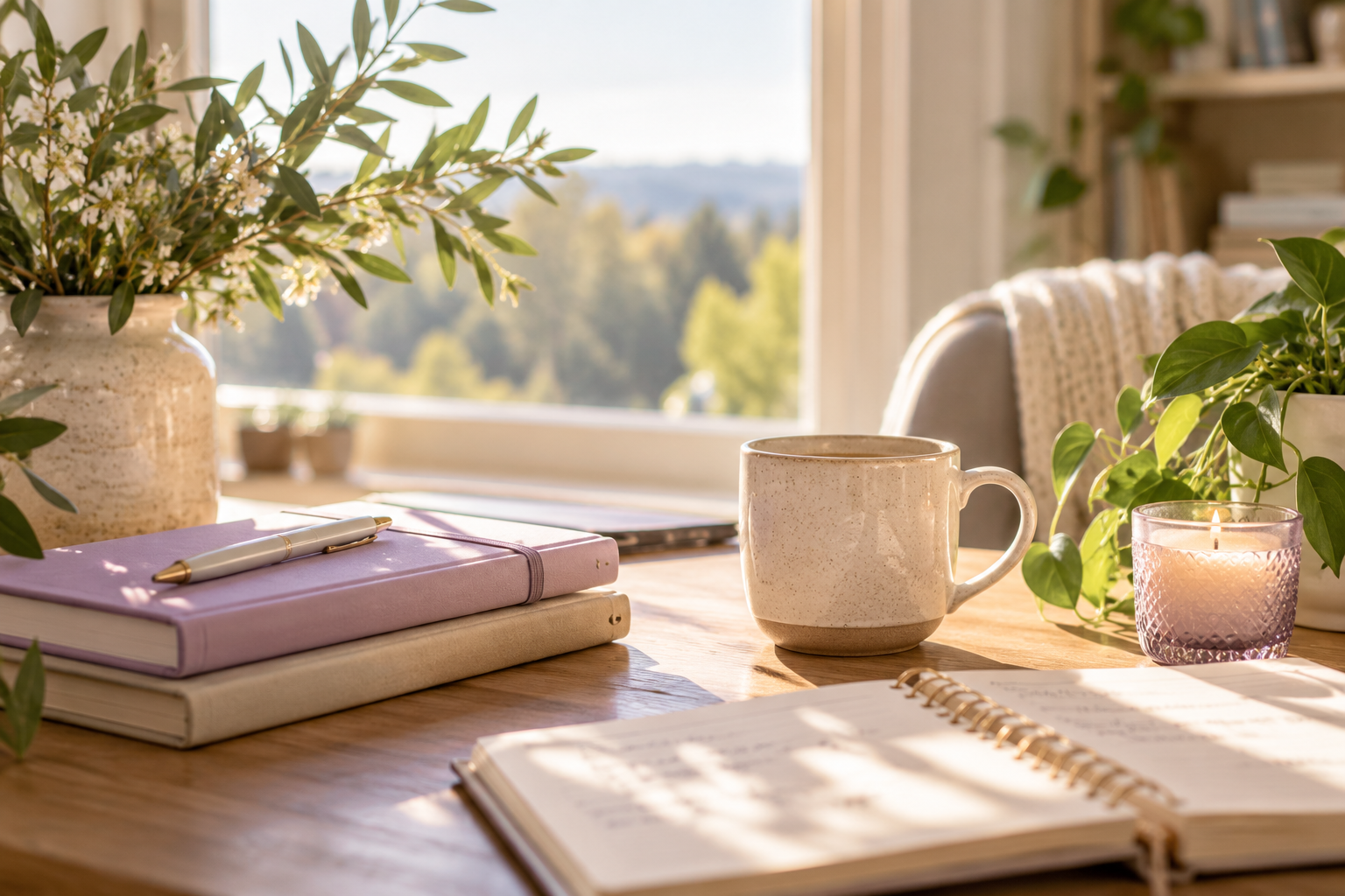 Peaceful workspace with lavender journal, coffee, and natural light